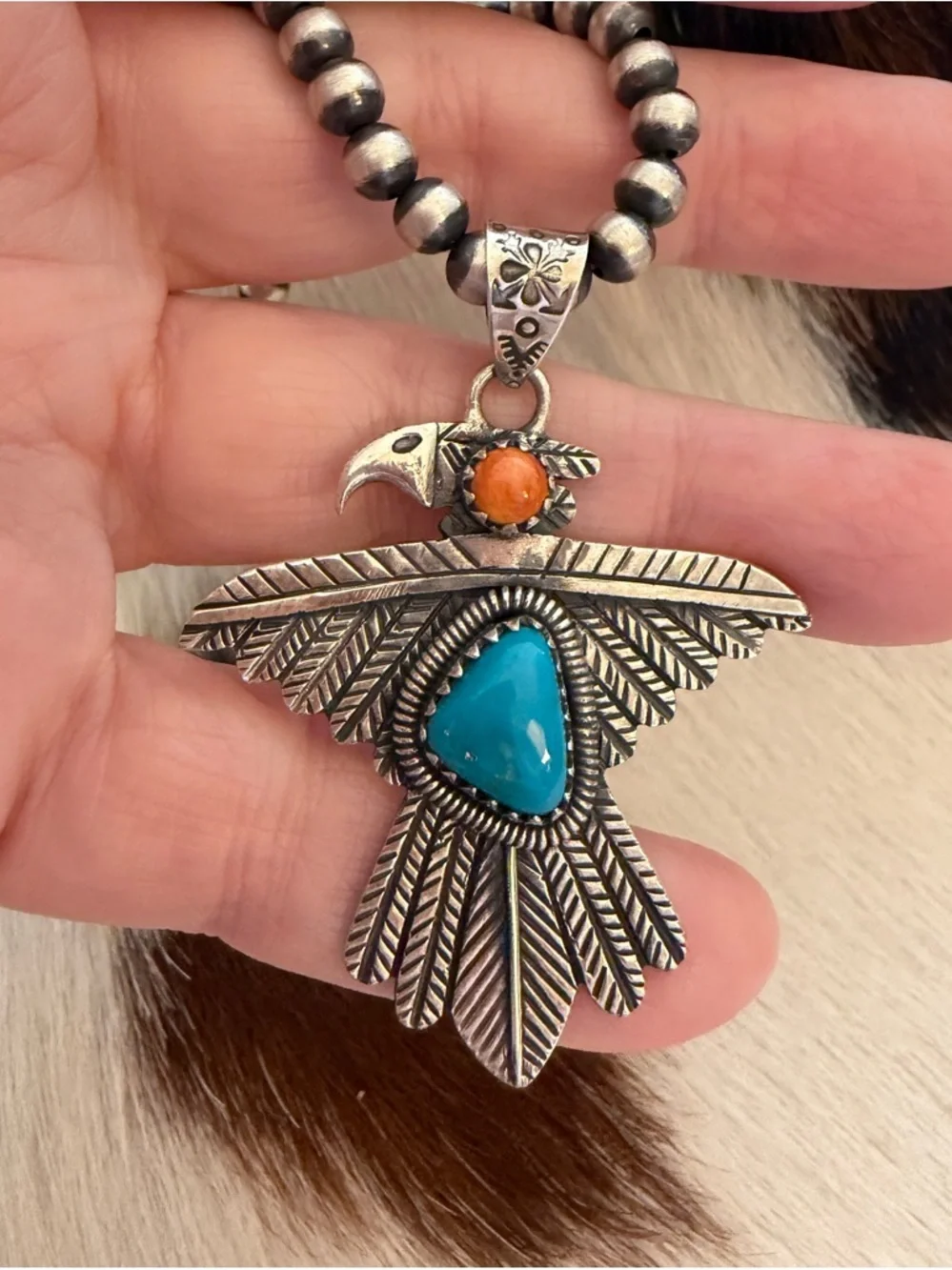 ❤️ Kingman Turquoise Spiny Oyster Thunderbird Navajo Sterling Statement Pendant